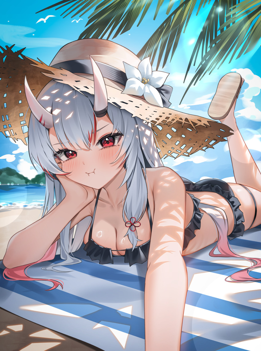 1girl absurdres alternate_costume beach beach_mat bikini black_bikini blue_sky blush breasts brown_hat cleavage dappled_sunlight day frilled_bikini frills gradient_hair hat head_rest highres hololive horns long_hair looking_at_viewer lying medium_breasts multicolored_hair nakiri_ayame ocean on_stomach oni outstretched_arm pout red_eyes red_hair red_streaks shoe_soles shuvi_(shuvi1125) skin-covered_horns sky solo straw_hat sunlight swimsuit the_pose thigh_strap virtual_youtuber white_hair