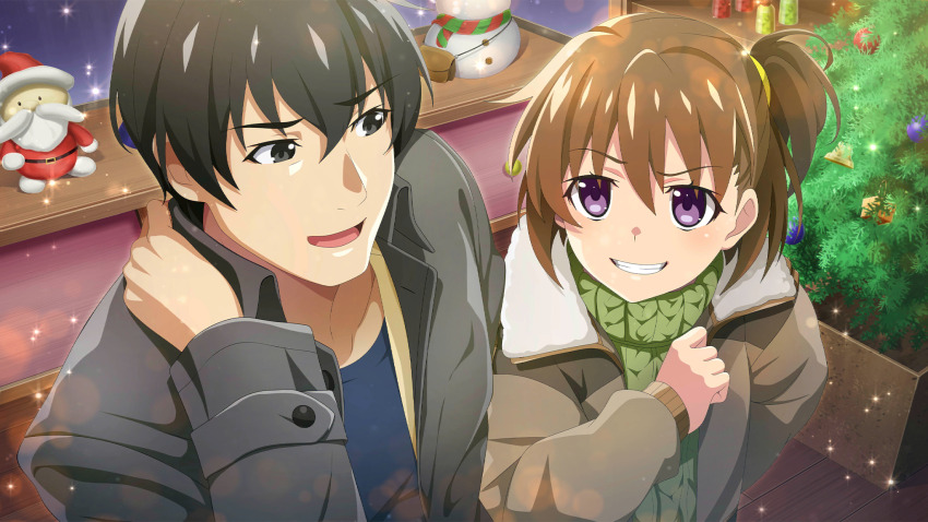 1boy 1girl akasaka_mamoru akasaka_miyuki black_eyes black_hair blue_shirt brown_coat brown_hair christmas christmas_tree coat elbowing eye_contact father_and_daughter from_above game_cg green_sweater grin hand_on_own_hip hand_on_own_neck highres higurashi_no_naku_koro_ni higurashi_no_naku_koro_ni_mei indoors lens_flare long_sleeves looking_at_another non-web_source official_art one_side_up open_mouth purple_eyes shirt short_hair smile snowman sparkle sweater teeth turtleneck turtleneck_sweater upper_body winter_clothes wooden_floor