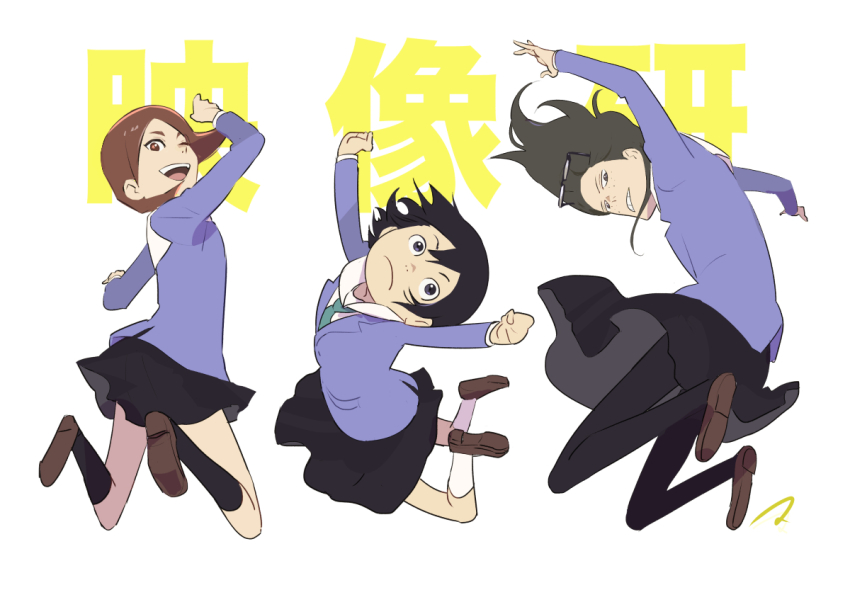 3girls asakusa_midori black_hair commentary eizouken_ni_wa_te_wo_dasu_na! eyewear_on_head freckles glasses kanamori_sayaka long_hair matahei mizusaki_tsubame multiple_girls necktie school_uniform shibahama_high_school_uniform short_hair signature simple_background white_background