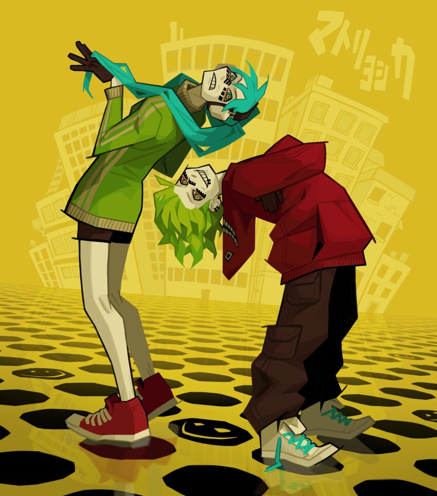 2girls aqua_hair black_pants black_shorts bugbrite green_hair green_jacket gumi hatsune_miku highres hood hoodie jacket long_hair matryoshka_(vocaloid) multiple_girls pants parted_lips red_footwear red_hoodie shoes shorts smile standing twintails white_footwear