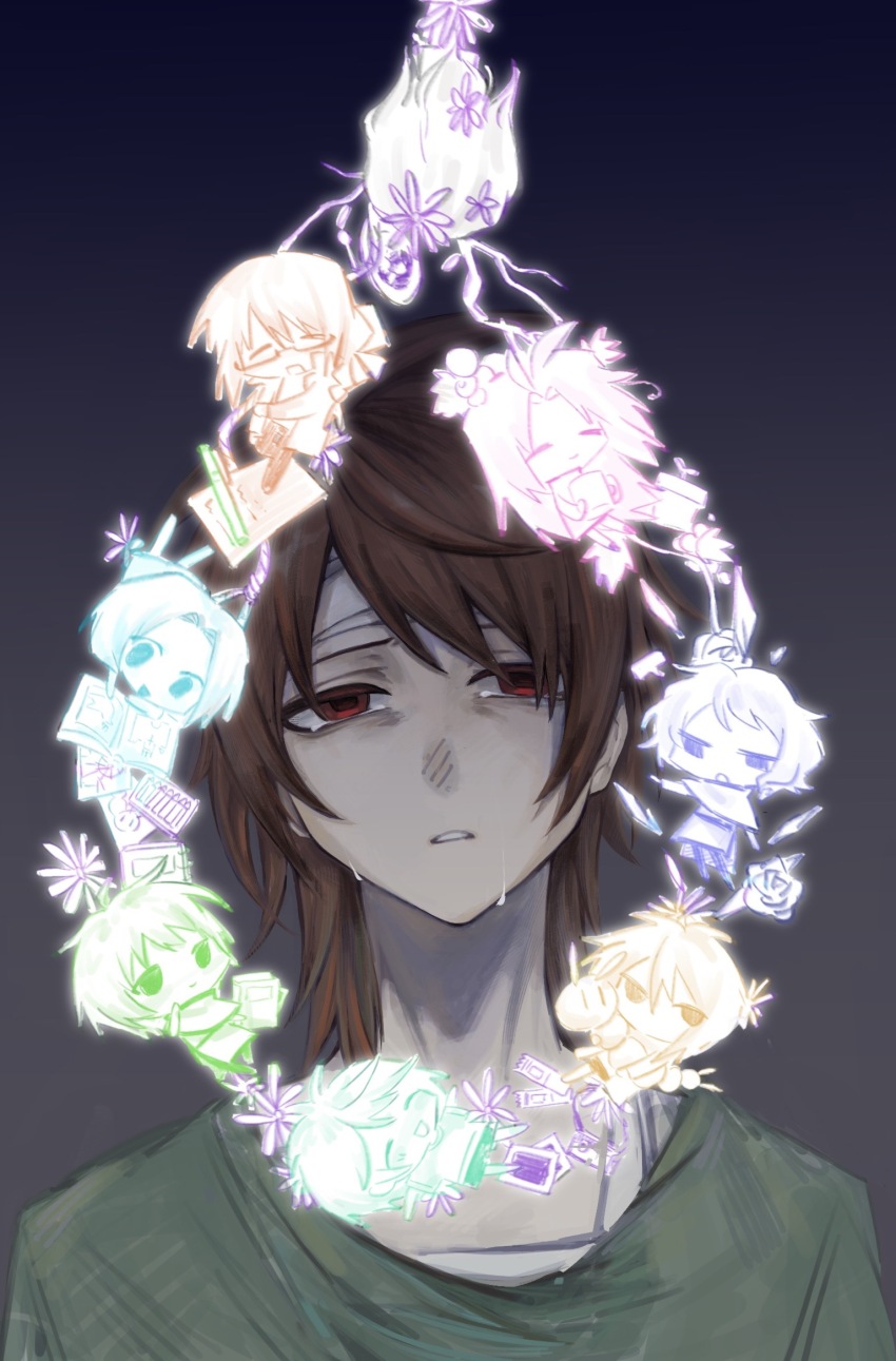 2girls 6+boys ^_^ antenna_hair bandaged_head bandages book brown_hair capelet chibi chinese_commentary closed_eyes closed_mouth commentary_request crying crying_with_eyes_open curtained_hair enomoto_noa flower glasses gradient_background green_shirt hair_between_eyes harada_kazaru harada_minoru hatsutori_hajime highres isoi_haruki isoi_rai isoi_reiji_(rei-kun) jacket long_hair multiple_boys multiple_girls noose open_book open_clothes open_jacket open_mouth paper parted_bangs portrait rectangular_eyewear red_eyes saibou_shinkyoku semi-rimless_eyewear shirt short_hair short_sleeves shorts smile tears utsugi_noriyuki wo_ma_le_mama