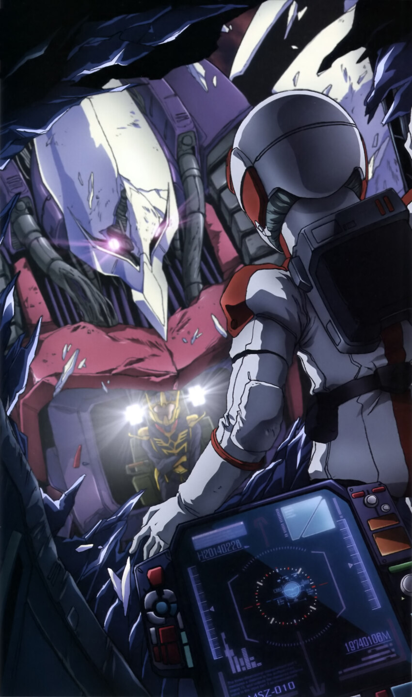 1boy 1girl absurdres aeug artist_request cable cockpit damaged destruction glowing glowing_eyes gundam gundam_perfect_file gundam_zz haman_karn highres judau_ashta machinery mecha mecha_pilot_suit mobile_suit neo_zeon official_art qubeley realistic robot scan scene_reference science_fiction screen shards space spoilers traditional_media victory wreckage zz_gundam