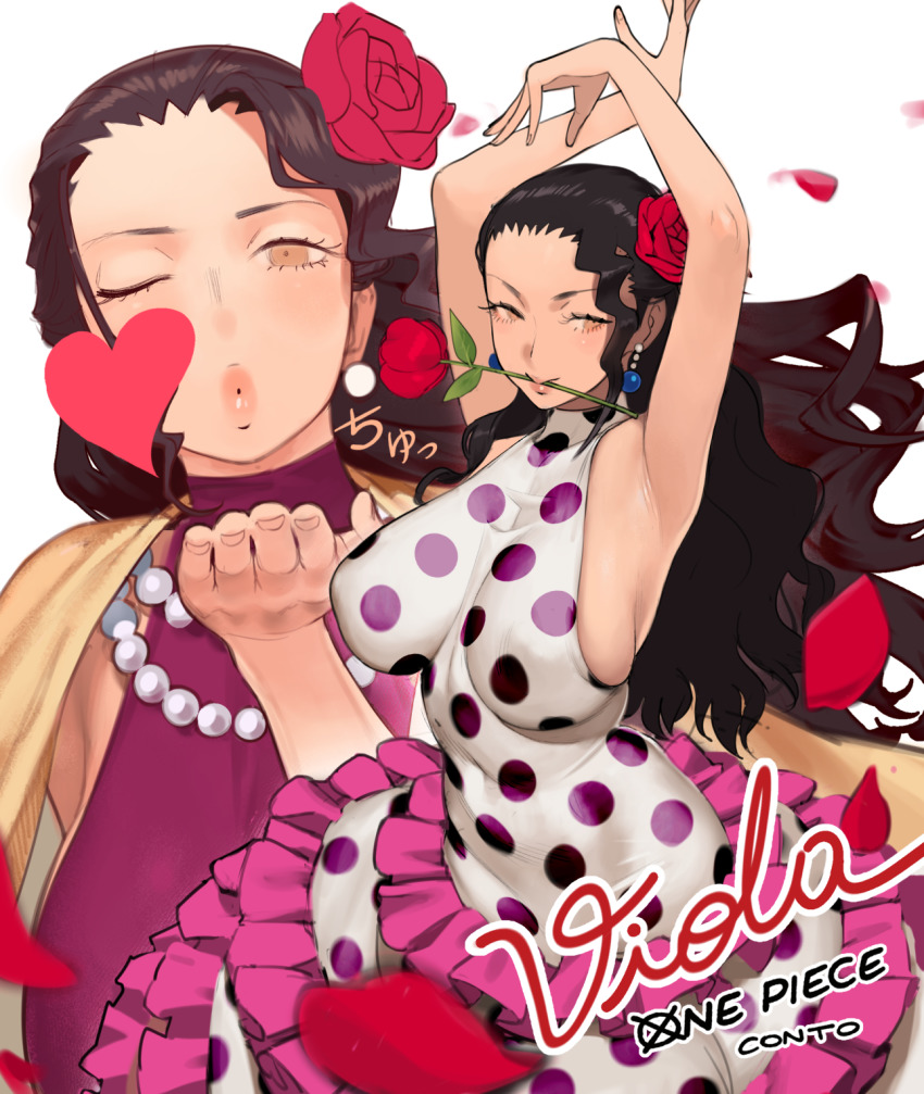 1girl :&gt; arms_up black_hair blowing_kiss breasts brown_eyes character_name commentary commission conto copyright_name covered_erect_nipples dress english_commentary fingernails flamenco flamenco_dress flower forehead frilled_dress frills hair_flower hair_ornament halter_dress halterneck highres jewelry large_breasts long_dress long_hair mouth_hold multiple_views necklace no_bra one_piece pearl_necklace pixiv_commission polka_dot polka_dot_dress red_flower red_rose rose sideboob viola_(one_piece)