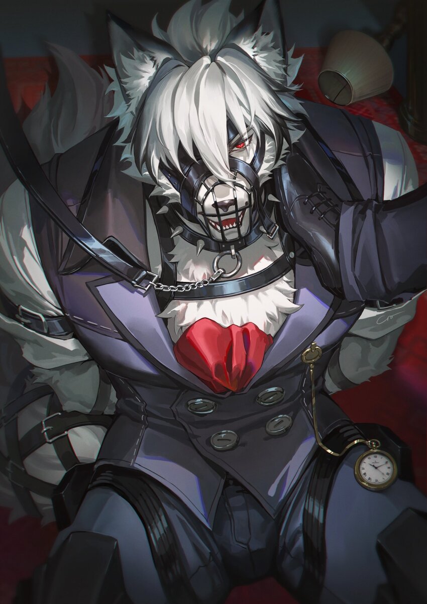 1boy animal_ears ascot collar colored_tips commentary crovius english_commentary eyepatch fangs foot_on_another&#039;s_shoulder furry furry_male grey_pants grey_vest highres kneeling leash leash_pull looking_at_viewer male_focus multicolored_hair muzzle_(mask) one_eye_covered open_mouth pants pocket_watch red_ascot red_eyes shirt spiked_collar spikes tail tail_belt vest von_lycaon watch white_shirt wolf_boy wolf_ears wolf_tail zenless_zone_zero