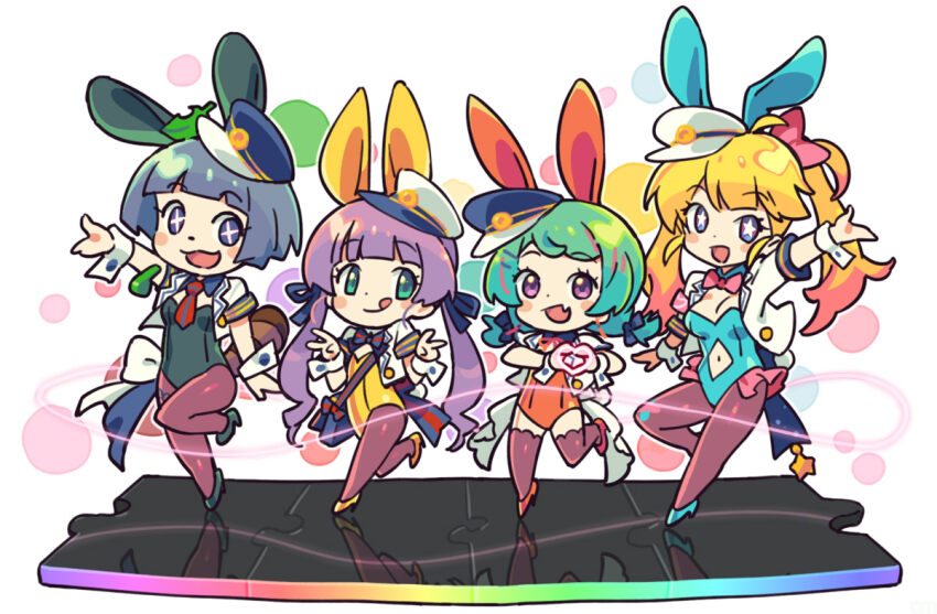 +_+ 4girls :3 :q animal_ears animal_nose arm_up bag blonde_hair blue_eyes blue_hat blue_leotard blush_stickers bow bowtie chibi circle closed_mouth clothing_cutout colored_tips commentary_request cropped_jacket detached_collar diamond_cutout double_v fake_animal_ears fang flat_chest full_body green_eyes green_hair grey_hair hair_bow hair_ribbon hat heart heart_hands high_heels hoshizaki_tia indie_virtual_youtuber jacket leaf leaf_on_head leotard long_hair looking_at_viewer mini_hat mochi_hiyoko mochipro mode_aim multicolored_hair multiple_girls navel_cutout necktie om_(nk2007) open_clothes open_jacket open_mouth outstretched_arm pantyhose peaked_cap pink_bow pink_bowtie playboy_bunny ponpoko_(vtuber) purple_eyes purple_hair purple_pantyhose purple_thighhighs rabbit_ears raccoon_girl raccoon_tail red_hair red_necktie reflective_floor ribbon saeki_yahiro short_hair short_sleeves shoulder_bag simple_background smile standing standing_on_one_leg star-shaped_pupils star_(symbol) symbol-shaped_pupils tail thighhighs tongue tongue_out twintails v virtual_youtuber whistle white_background white_hat white_jacket wrist_cuffs yellow_leotard