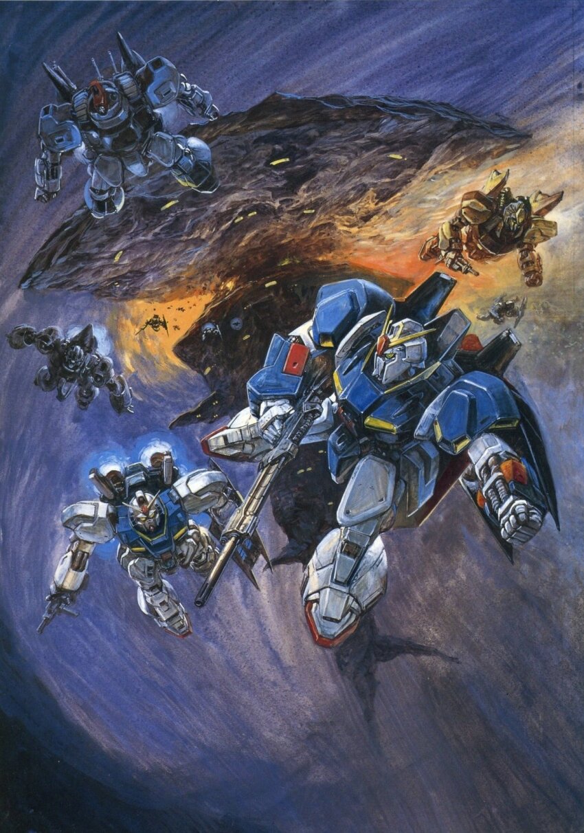 beam_rifle energy_gun gundam gundam_mk_ii highres hyaku_shiki mecha methuss no_humans rick_dias robot science_fiction shield space takani_yoshiyuki weapon zeta_gundam zeta_gundam_(mobile_suit)