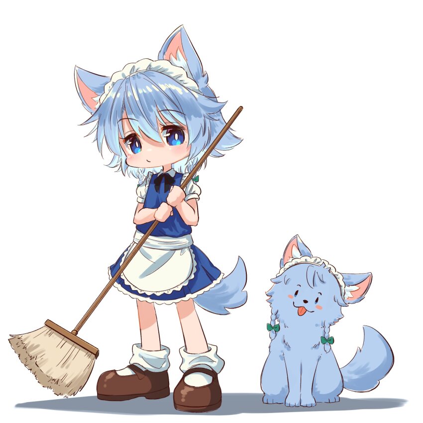 1girl animal_ear_fluff animal_ears animalization apron blue_eyes blue_hair bow braid broom brown_shoes chibi closed_mouth commentary dog dog_ears dog_girl dog_tail green_bow highres holding holding_broom izayoi_sakuya kemonomimi_mode looking_at_viewer maid maid_headdress person_and_animalization puffy_sleeves shoes socks solo suteruko tail touhou twin_braids waist_apron white_apron white_socks