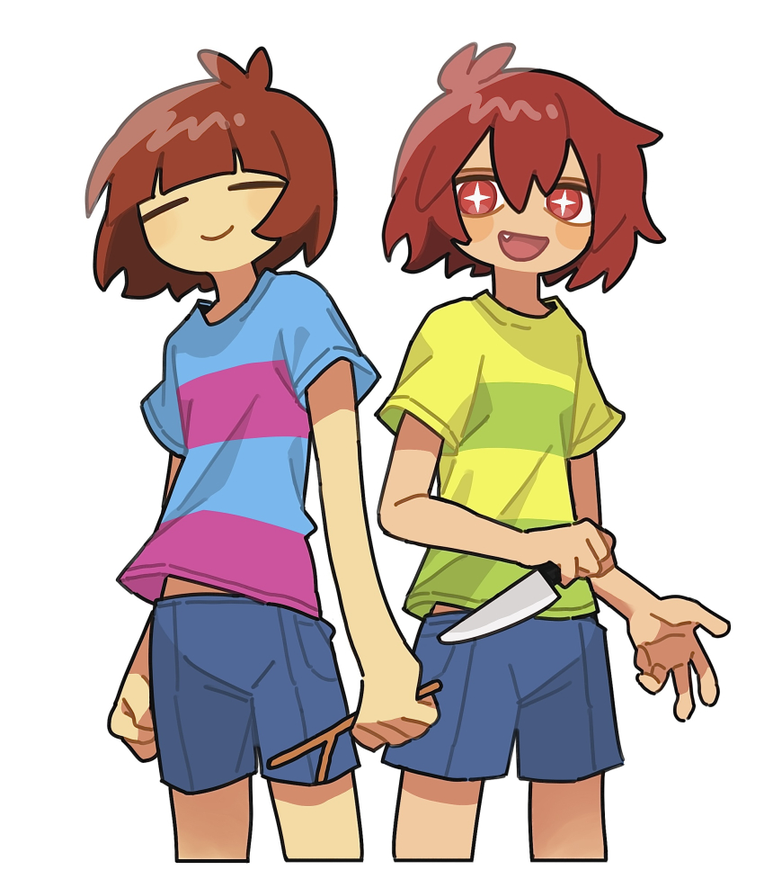 2others :d =_= absurdres alternate_sleeve_length androgynous antenna_hair blue_shirt blue_shorts blunt_bangs bright_pupils brown_hair c: chara_(undertale) child closed_eyes colored_skin cowboy_shot cropped_legs cross-shaped_pupils expressionless facing_viewer fang frisk_(undertale) green_shirt highres holding holding_knife holding_stick knife looking_at_viewer multiple_others no_nose open_mouth other_focus red_eyes shirt short_hair short_sleeves shorts simple_background smile standing stick symbol-shaped_pupils t-shirt tadeno undertale white_background white_pupils yellow_skin