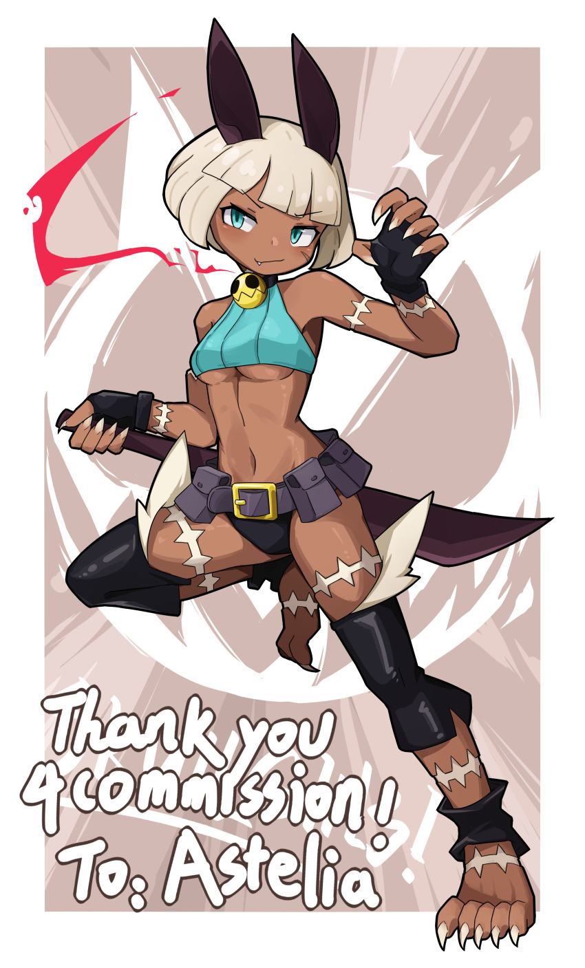 1girl absurdres barefoot belt_buckle belt_pouch blue_eyes blush bob_cut border breasts brown_background buckle cat_girl claw_pose claws commission crop_top dark-skinned_female dark_skin detached_leggings english_text fang fingerless_gloves full_body gloves grey_hair highres medium_breasts midriff ms._fortune_(skullgirls) navel pouch scar short_hair skullgirls smile solo sports_bikini taigokimi.jpg underboob white_border
