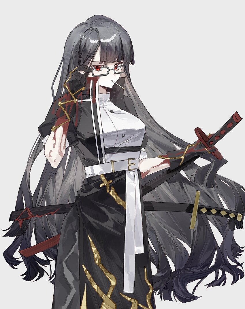 1girl absurdres belt black_coat black_hair black_skirt blood blood_on_clothes blunt_bangs bochishiraita cigarette coat contempt_awe_(e.g.o) e.g.o_(project_moon) glasses highres limbus_company long_hair looking_at_viewer ootachi project_moon red_eyes ryoshu_(project_moon) shirt simple_background skirt smoking solo standing upper_body very_long_hair white_background white_belt white_shirt