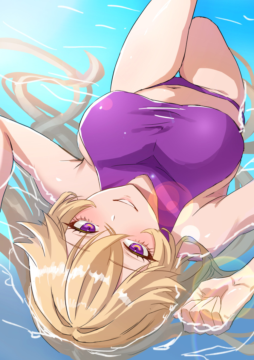 0002koko 1girl absurdres bikini blonde_hair breasts hair_between_eyes highres large_breasts long_hair looking_at_viewer lying navel on_back on_water purple_bikini purple_eyes sideboob smile solo swimsuit teeth thighs touhou water yakumo_yukari