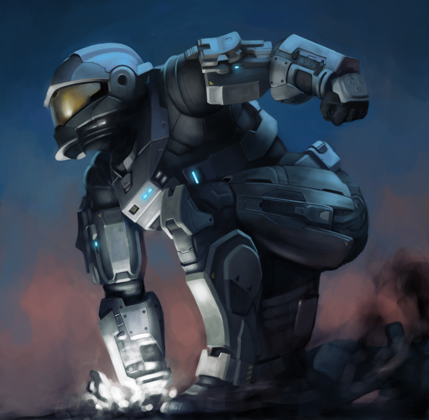 androgynous armor ataruman bad_anatomy from_side gender_request gradient_background halo:_reach halo_(game) halo_(series) helmet male_focus night on_one_knee power_armor power_suit punching smoke solo spartan spartan-b312 spartan_(halo) squatting