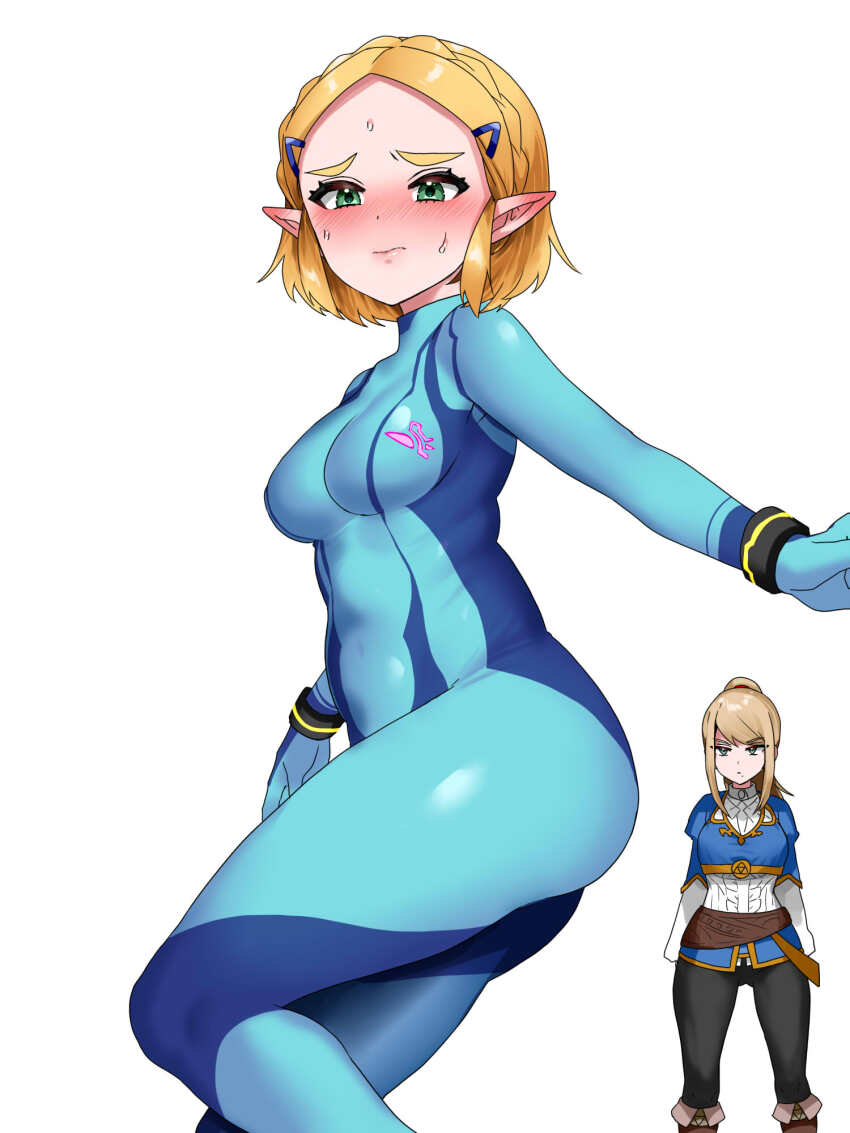 2girls ass black_pants blonde_hair blue_bodysuit blush bodysuit boots braid breasts brown_boots commentary_request cosplay costume_switch crown_braid ear_blush feet_out_of_frame gold_trim green_eyes hair_ornament hairclip highres medium_breasts medium_hair metroid multiple_girls nintendo pants ponytail princess_zelda princess_zelda_(cosplay) samus_aran samus_aran_(cosplay) short_hair sidelocks simple_background solo_focus sweat swept_bangs the_legend_of_zelda the_legend_of_zelda:_tears_of_the_kingdom wasabi_(legemd) white_background zero_suit
