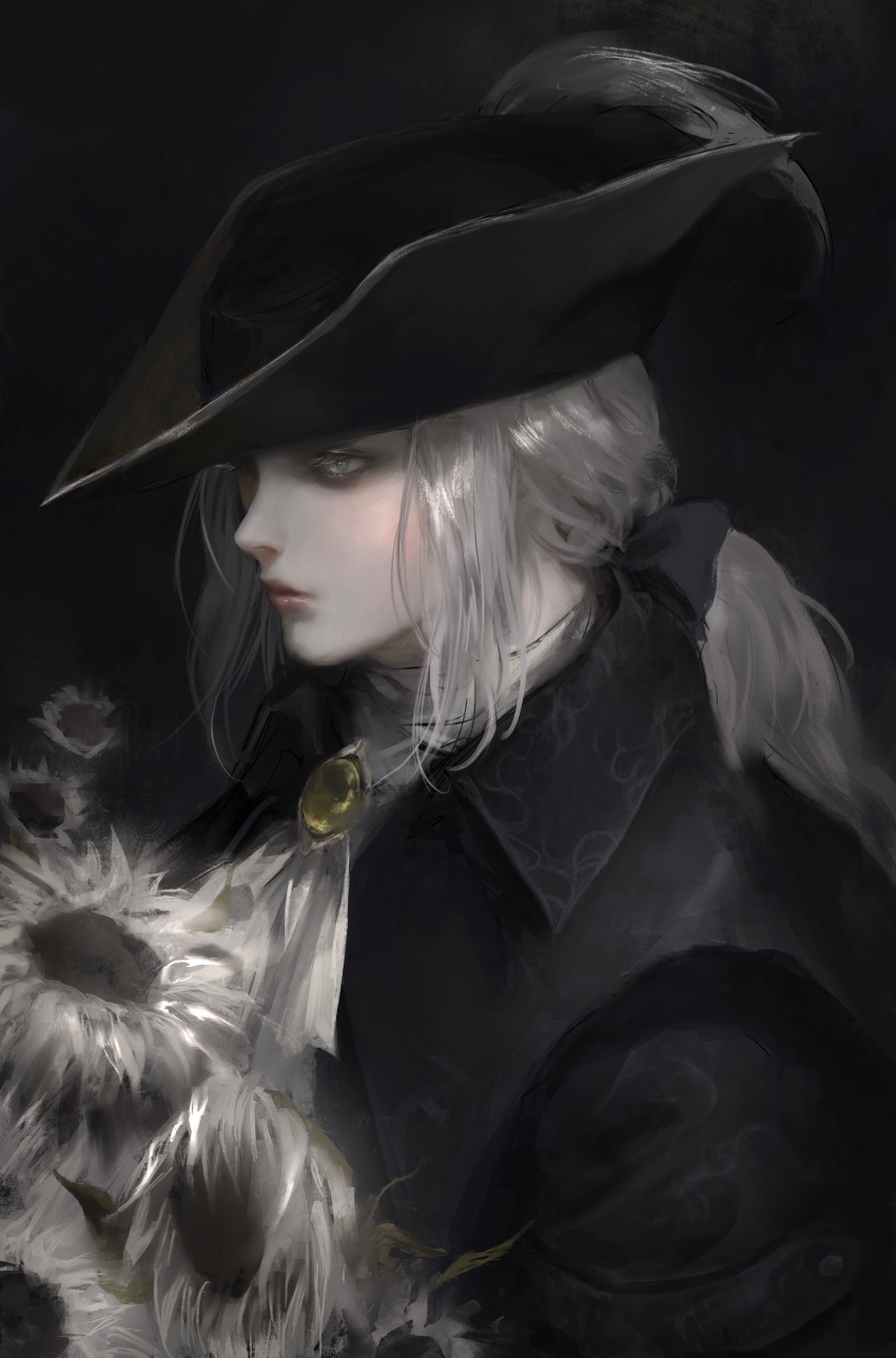 1girl absurdres ascot bloodborne blue_eyes cape coat commentary english_commentary flower gem hat hat_feather highres holding lady_maria_of_the_astral_clocktower lmilkyskin long_hair ponytail simple_background solo tricorne white_ascot white_hair