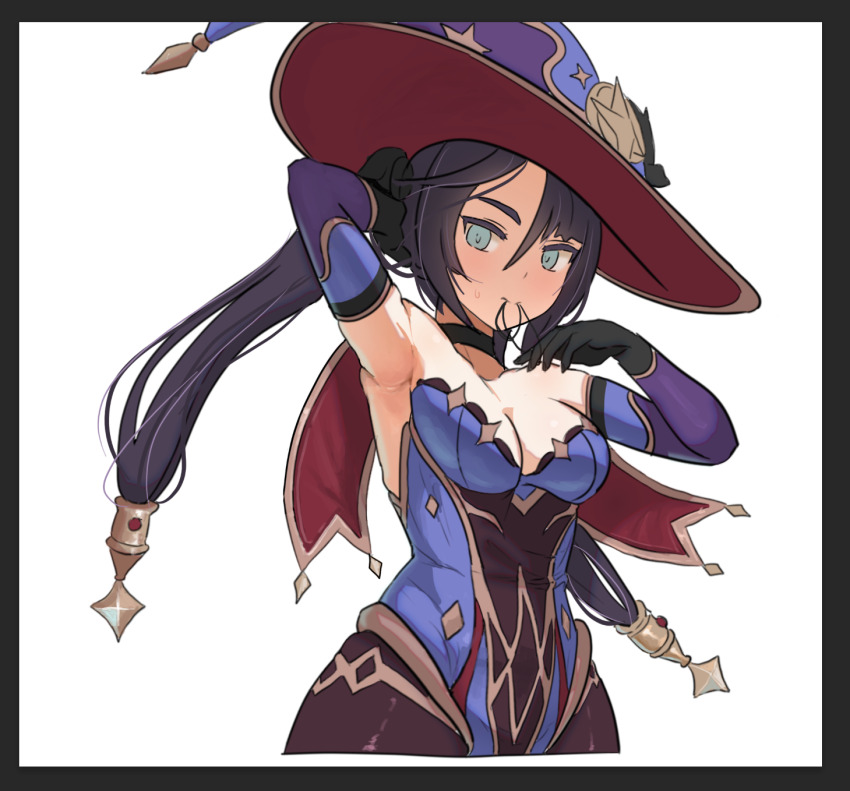 1girl aqua_eyes armpits black_border black_choker black_gloves black_hair bodystocking border breasts choker cleavage commentary cropped_legs detached_sleeves genshin_impact gloves hair_tie_in_mouth hat highres leotard long_hair looking_at_viewer medium_breasts mona_(genshin_impact) mouth_hold purple_hat purple_leotard purple_sleeves solo strapless strapless_bodysuit strapless_leotard twintails valenthania white_background witch_hat