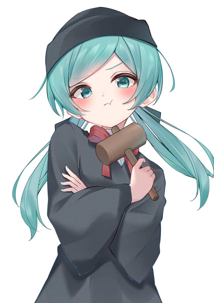 1girl :t absurdres aqua_eyes aqua_hair aqua_nails black_robe commentary_request crossed_arms flat_chest from_below gavel hat hatsune_miku highres holding holding_mallet judge long_hair looking_at_viewer mallet neck_ribbon pout red_ribbon ren&#039;ai_saiban_(vocaloid) ribbon robe ryaru_ryaru solo swept_bangs twintails upper_body v-shaped_eyebrows vocaloid wide_sleeves