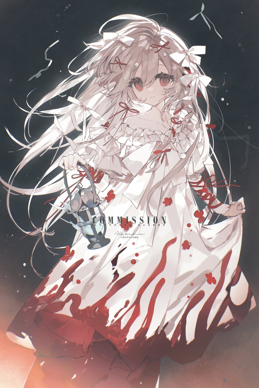 1girl a0akumu blood blood_on_clothes bloody_clothes bloody_dress closed_mouth commission cowboy_shot dress highres holding long_hair looking_at_viewer original red_eyes smile solo white_dress white_hair