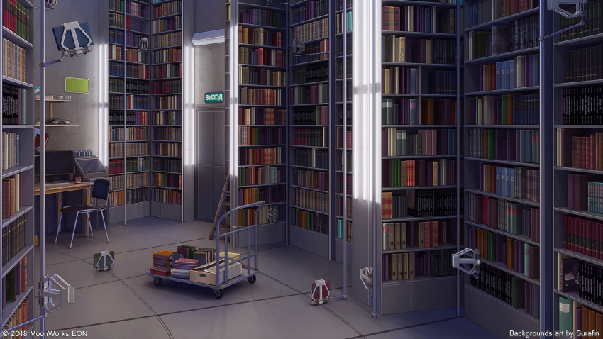 2018 3d artist_name book book_stack bookshelf cart chair computer cup cyrillic door highres indoors interior computer_keyboard lamp library monitor computer_mouse no_humans office_chair original scenery shadow shelf sign surafin swivel_chair table tile_floor tiles wall wall_lamp
