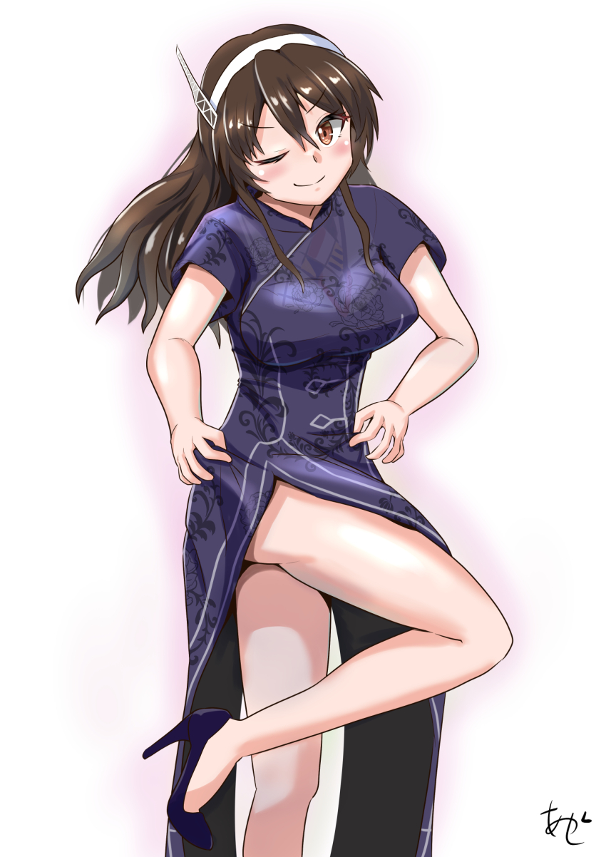 adapted_costume akashieru alternate_costume artist_logo ashigara_(kancolle) ashigara_kai_ni_(kancolle) brown_eyes brown_hair china_dress chinese_clothes dress hairband high_heels highres kantai_collection logo long_hair one_eye_closed purple_dress purple_footwear side_slit signature simple_background standing standing_on_one_leg wavy_hair white_background