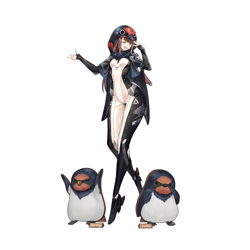 1girl beak bird bird_costume bird_hood black_bodysuit black_footwear blunt_bangs blush bodysuit breasts brown_hair capelet cardboard cardboard_cutout d-log english_text full_body game_cg highres last_origin long_hair long_legs looking_at_viewer multicolored_bodysuit official_alternate_costume official_art one_eye_closed open_mouth penguin red_eyes see-through_capelet see-through_clothes simple_background skin_tight sleipnir_(last_origin) small_breasts smile solo swallow_(bird) tachi-e transparent_background white_bodysuit wide_hips