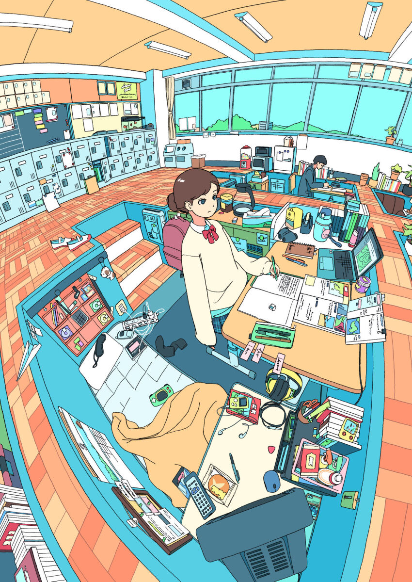 1boy 1girl akabane_1999 bed binoculars blue_eyes book bottle bow brown_hair candy candy_wrapper ceiling charm_(object) classroom computer controller crt desk earbuds earphones eye_mask fisheye fluorescent_lamp foliage food highres holding holding_pen indoors interior laptop loaded_interior locker notebook original paper_airplane pen pencil_case pillow plant potted_plant remote_control scenery school school_uniform shelf sitting skirt slice_of_life snack solo_focus stairs trash_can window