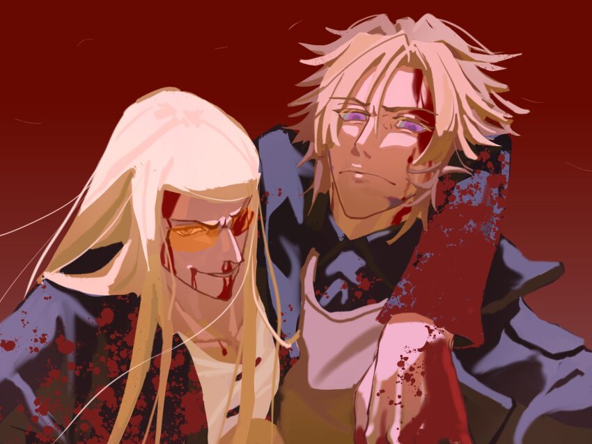 2boys arm_around_neck black_coat blonde_hair blood blood_on_clothes blood_on_face blood_on_hands coat daybit_sem_void evil_grin evil_smile fate/grand_order fate_(series) grin highres hungrycookies1 long_hair looking_at_viewer male_focus multiple_boys purple_eyes smile sunglasses tezcatlipoca_(fate)