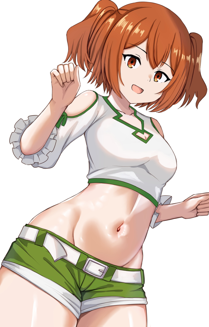 1girl :d absurdres bare_shoulders belt breasts brown_eyes brown_hair cleavage_cutout clothing_cutout collarbone commentary cowboy_shot crop_top cropped_shirt frilled_sleeves frills green_shorts groin hair_between_eyes hands_up highres kanne_(sousou_no_frieren) looking_at_viewer medium_breasts medium_hair midriff navel nootomo open_mouth shirt short_shorts shorts shoulder_cutout sidelocks simple_background three-quarter_sleeves smile solo sousou_no_frieren standing twintails white_background white_belt white_shirt
