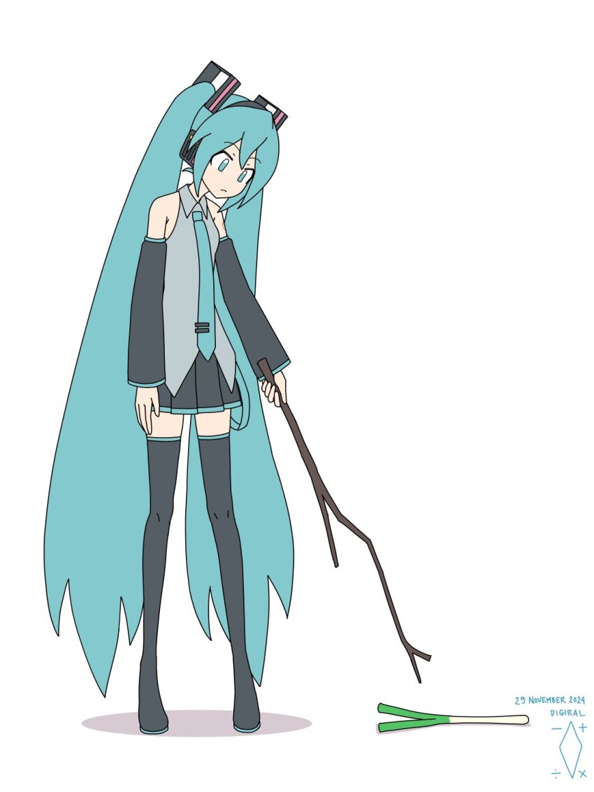 1girl aqua_eyes aqua_hair aqua_necktie artist_logo artist_name black_boots black_skirt black_sleeves boots branch c&#039;mon_do_something_(meme) closed_mouth collared_shirt commentary dated detached_sleeves digiral english_commentary frown full_body grey_shirt hair_ornament hatsune_miku headphones highres holding holding_branch logo long_hair long_sleeves looking_at_object looking_down meme miniskirt necktie pleated_skirt shirt simple_background skirt sleeveless sleeveless_shirt solo spring_onion standing thigh_boots twintails very_long_hair vocaloid white_background