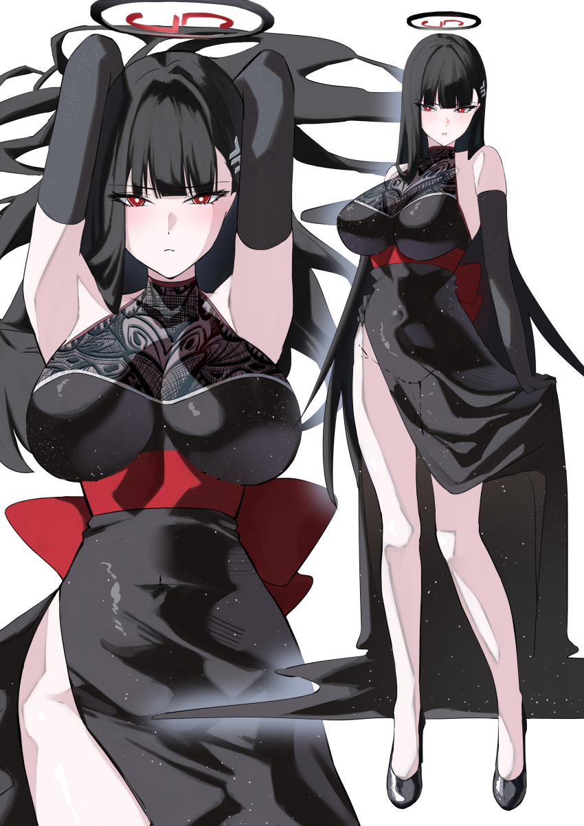 1girl absurdres alternate_costume armpits arms_up bare_shoulders black_dress black_gloves black_hair black_shoes blue_archive breasts bright_pupils closed_mouth commentary_request dress full_body gloves hair_ornament hairclip halo hand_on_own_hip highres katagiri_nanoka large_breasts looking_at_viewer multiple_views red_eyes rio_(blue_archive) shoes simple_background standing white_background white_pupils