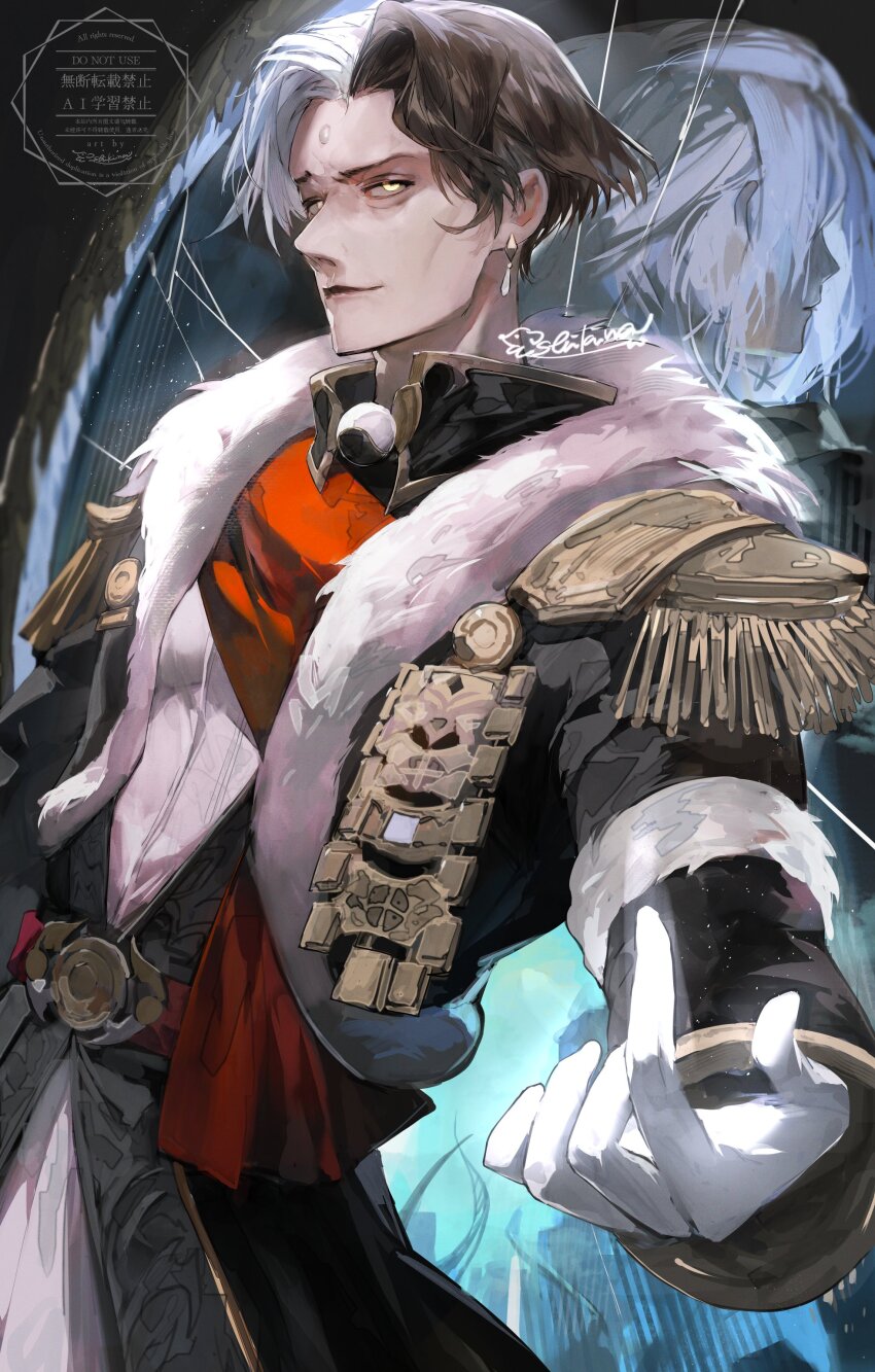1boy absurdres black_robe brown_hair coat dual_persona earrings emet-selch epaulettes final_fantasy final_fantasy_xiv fur-trimmed_coat fur_trim garlean gloves highres jewelry multicolored_hair robe shikina_(mochigushi_) short_hair signature two-tone_hair white_gloves white_hair yellow_eyes