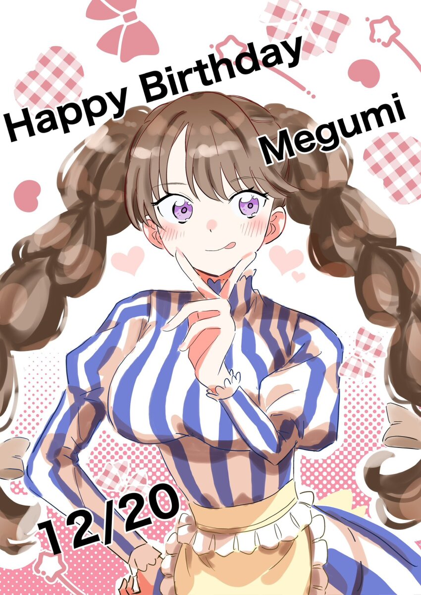 1girl :p apron blue_dress blush bow bow_background braid breasts brown_hair closed_mouth commentary_request dress erako9 frilled_apron frills fujishima_megumi hair_bow halftone halftone_background hand_on_own_hip highres juliet_sleeves large_breasts link!_like!_love_live! long_hair long_sleeves looking_to_the_side love_live! official_alternate_costume puffy_sleeves purple_eyes sideways_glance smile solo striped_clothes striped_dress tongue tongue_out twin_braids twintails two-tone_dress v v_over_mouth vertical-striped_clothes vertical-striped_dress very_long_hair virtual_youtuber waist_apron waitress wendy&#039;s white_background white_dress yellow_apron
