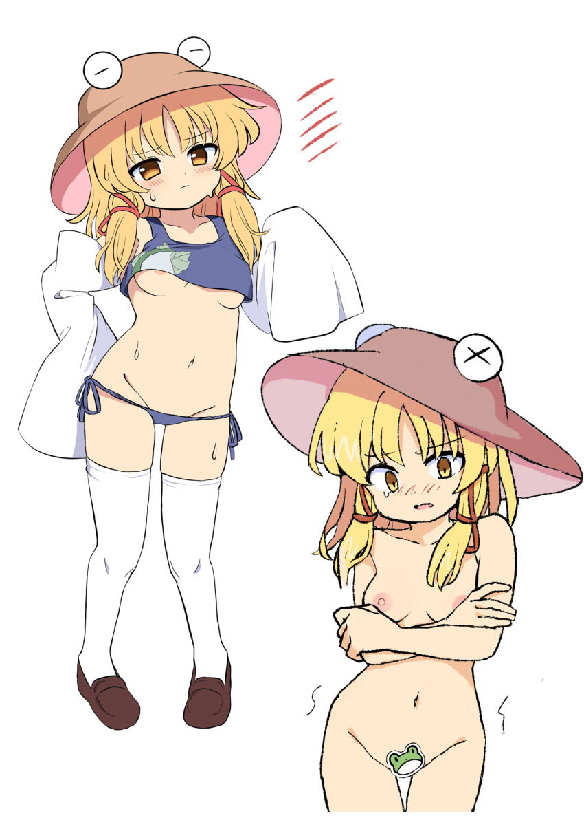 1girl absurdres animal_print areola_slip arm_behind_back arms_under_breasts blonde_hair blush breasts brown_hat censored closed_mouth collarbone crop_top crossed_arms detached_sleeves dot_nose frog_print full_body hair_ribbon hand_up hat highres knees_together_feet_apart loli long_sleeves looking_at_viewer mary_janes moriya_suwako motion_lines navel nude open_mouth pyonta ramudia_(lamyun) ribbon scared shirt shoes short_hair simple_background solo symbol-shaped_pupils tank_top tearing_up thighhighs thighs touhou trembling underboob white_background white_thighhighs wide_sleeves x-shaped_pupils yellow_eyes