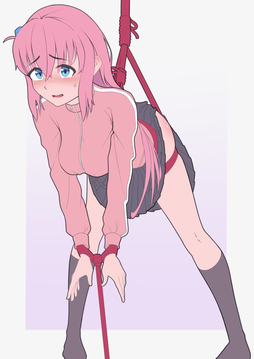 absurdres bdsm bent_over blue_eyes blush bocchi_the_rock! body_blush bondage border bound bound_wrists breasts cube_hair_ornament ear_blush eyes_visible_through_hair gotoh_hitori gradient_background hair_between_eyes hair_ornament highres large_breasts lattetrouble legs_apart long_hair looking_ahead no_shoes open_mouth outline pigeon-toed pink_hair pleated_skirt purple_background shibari shibari_over_clothes sidelocks simple_background skindentation skirt small_sweatdrop socks suspension track_suit white_background wrists_tied_together zipper