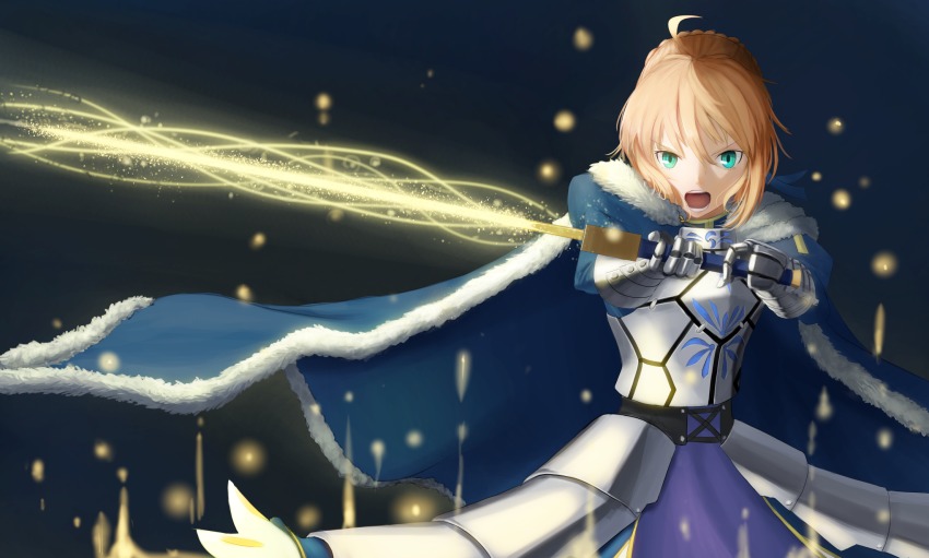 1girl ahoge armor armored_dress artoria_pendragon_(fate) bad_id bad_pixiv_id blonde_hair blue_cape blue_dress cape dress excalibur_(fate/stay_night) fate/stay_night fate_(series) female_focus gauntlets green_eyes highres holding holding_sword holding_weapon izumo_(ton_63) looking_at_viewer open_mouth saber_(fate) short_hair solo standing sword weapon