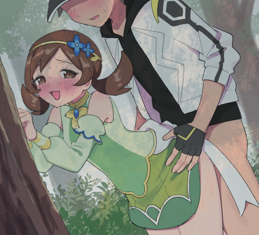 against_tree blush brown_eyes brown_hair detached_sleeves dress green_shirt green_skirt green_sleeves hairband hetero jacket looking_at_viewer lyra_(pokemon) lyra_(sygna_suit)_(pokemon) nintendo outdoors pokemon pokemon_masters_ex pumpkinpan red_(pokemon) red_(sygna_suit)_(thunderbolt)_(pokemon) sex sex_from_behind shirt skirt sleeveless sleeveless_shirt standing standing_sex tree white_jacket