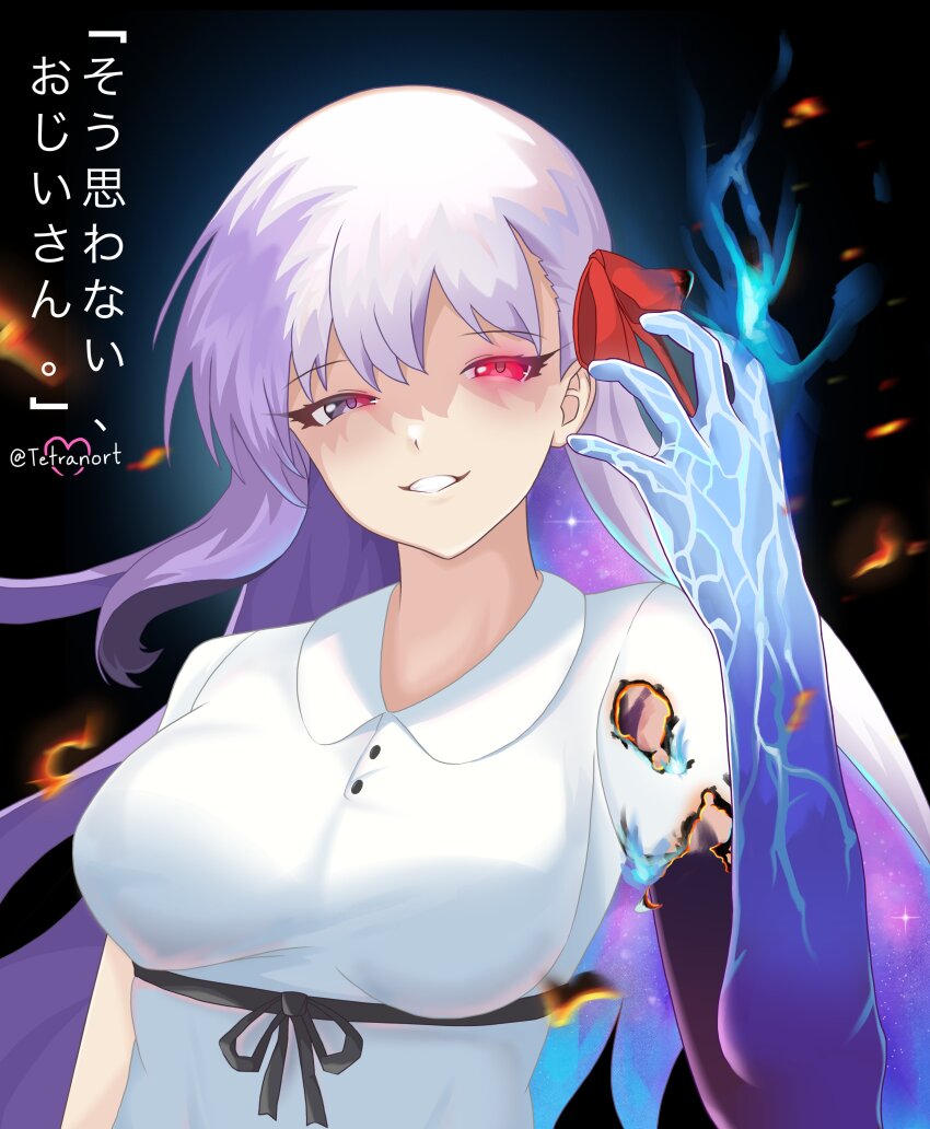 1girl absurdres blue_fire body_markings breasts burning_clothes colored_inner_hair colored_skin corruption dark_persona dress fate/grand_order fate/stay_night fate_(series) fire gradient_skin hair_ribbon heaven&#039;s_feel highres kama_(fate) kama_(third_ascension)_(fate) large_breasts long_hair looking_at_viewer matou_sakura multicolored_hair purple_eyes purple_hair pyrokinesis red_eyes red_ribbon ribbon smile solo starry_hair tetranort white_hair