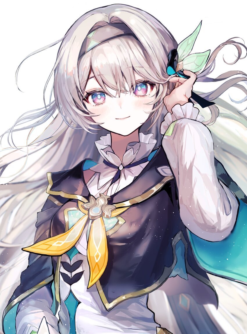 1girl absurdres black_hairband black_jacket breasts closed_mouth firefly_(honkai:_star_rail) floating_hair grey_hair hairband highres honkai:_star_rail honkai_(series) jacket light_particles looking_at_viewer medium_breasts multicolored_eyes neckerchief pipi_(pipinavigation) shirt simple_background smile solo two-tone_eyes upper_body white_background white_shirt yellow_neckerchief