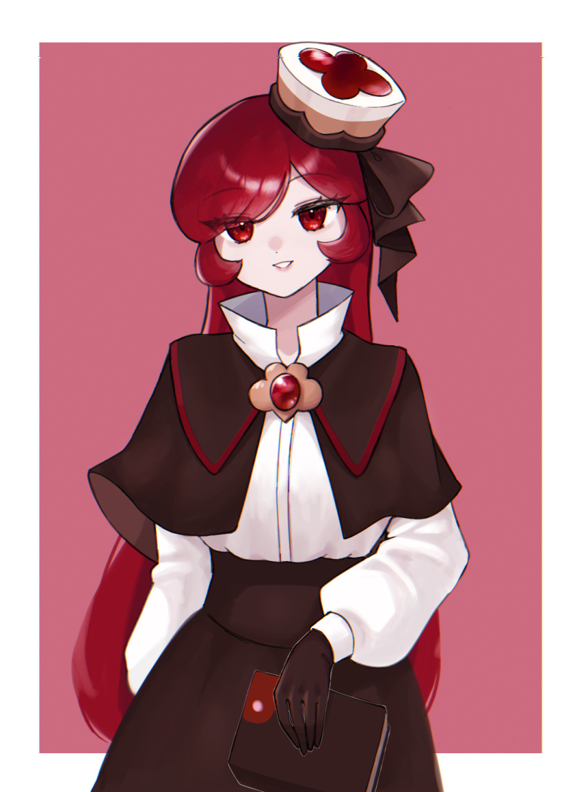 1girl black_capelet black_gloves black_skirt book border brooch brown_ribbon capelet commentary_request cookie_run cookie_run:_kingdom donarium flat_chest flipped_sidelocks gloves hat hat_ribbon highres holding holding_book humanization jewelry korean_commentary linzer_cookie long_hair long_sleeves red_background red_eyes red_hair ribbon shirt simple_background skirt smile solo very_long_hair white_border white_shirt