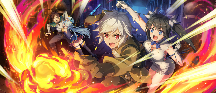 2boys 2girls aqua_(konosuba) arm_up armor armpit_crease backpack bag bell bell_cranel belt belt_buckle black_gloves black_hair black_pants blue_boots blue_bow blue_bowtie blue_eyes blue_hair blue_ribbon blue_shirt blue_skirt boots bow bowtie breastplate breasts brown_belt brown_coat brown_hair buckle cape cleavage cleavage_cutout clenched_hands clothing_cutout coat covered_navel crossover crying_aqua_(meme) detached_sleeves dress dungeon dungeon_ni_deai_wo_motomeru_no_wa_machigatteiru_darou_ka fire forced_hug furrowed_brow game_cg gloves green_cape hair_bell hair_ornament hair_petal hair_rings hand_up hestia_(danmachi) high_heel_boots high_heels highres holding holding_knife holding_weapon indoors knife kono_subarashii_sekai_ni_shukufuku_wo! konosuba!_fantastic_days large_breasts long_hair long_sleeves looking_ahead looking_at_another magic meme miniskirt multiple_boys multiple_girls official_art open_mouth pants pencil_dress pushing_away pyrokinesis red_eyes rei_no_himo ribbon satou_kazuma scared serious shirt short_dress short_hair sideboob sidelocks single_hair_ring skirt sleeveless sleeveless_dress sleeveless_shirt tears thighhighs thighhighs_under_boots twintails v-shaped_eyebrows wavy_mouth weapon white_dress white_gloves white_hair white_shirt white_sleeves white_thighhighs zettai_ryouiki