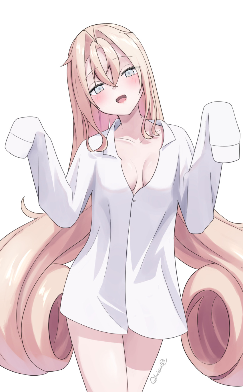 1girl alternate_costume blonde_hair breasts cowboy_shot drum_(kancolle) grey_eyes hair_rings highres kantai_collection l_meet long_hair long_sleeves looking_at_viewer medium_breasts naked_shirt oversized_clothes shirt sleeves_past_fingers sleeves_past_wrists solo standing very_long_hair very_long_sleeves
