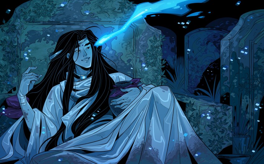 1boy absurdres bandaged_wrist bandages black_eyes black_hair blue_light chinese_clothes cursed_shackle dim_lighting dirty dirty_clothes dirty_hands facial_mark fmd forehead_mark glowing graveyard hanfu headband highres holding holding_jar hua_cheng ivy jar light_particles long_hair long_sleeves male_focus night outdoors parted_bangs plant robe sitting smile solo tianguan_cifu tombstone very_long_hair white_hanfu white_headband wide_sleeves xie_lian