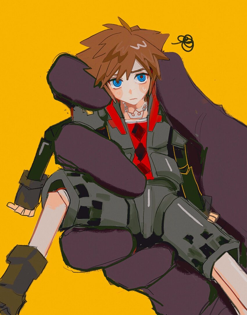 2boys black_gloves blue_eyes blush brown_hair crown_(symbol) crown_necklace fingerless_gloves gloves hat_babo highres holding jewelry kingdom_hearts kingdom_hearts_iii male_focus multiple_boys necklace pinned short_hair sora_(kingdom_hearts) spiked_hair spread_legs toy xehanort yellow_background