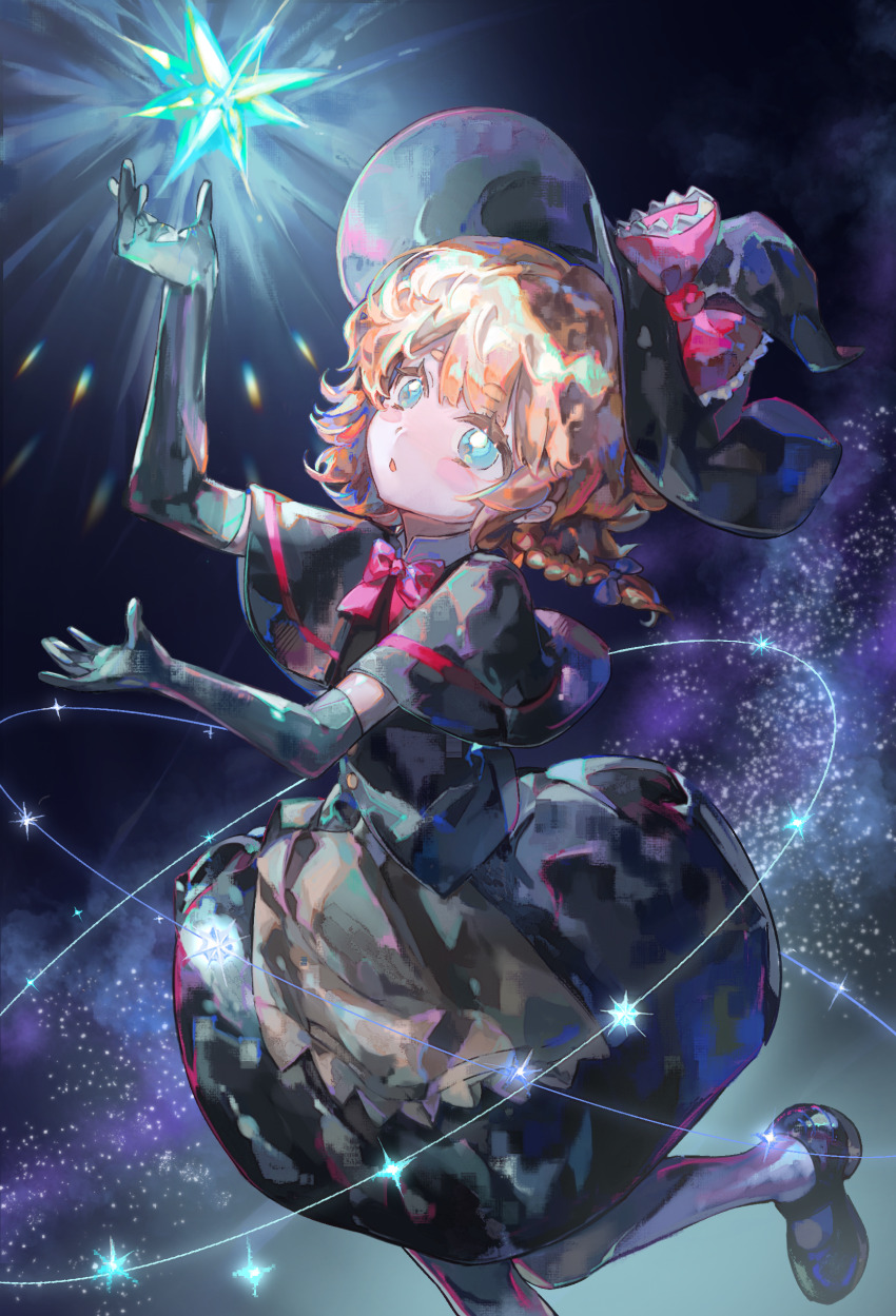 1girl absurdres apron artist_request black_background black_capelet black_gloves black_hat black_shoes black_skirt black_vest blonde_hair blue_eyes blush_stickers bow bowtie braid bright_pupils brown_apron capelet commission cookie_(touhou) elbow_gloves foot_out_of_frame gloves hair_bow hat hat_bow highres kirisame_marisa meguru_(cookie) open_mouth red_bow red_bowtie second-party_source shoes short_hair side_braid single_braid skirt skirt_set solo sparkle star_(sky) starry_sky_background stellated_octahedron touhou vest waist_apron white_pupils witch_hat