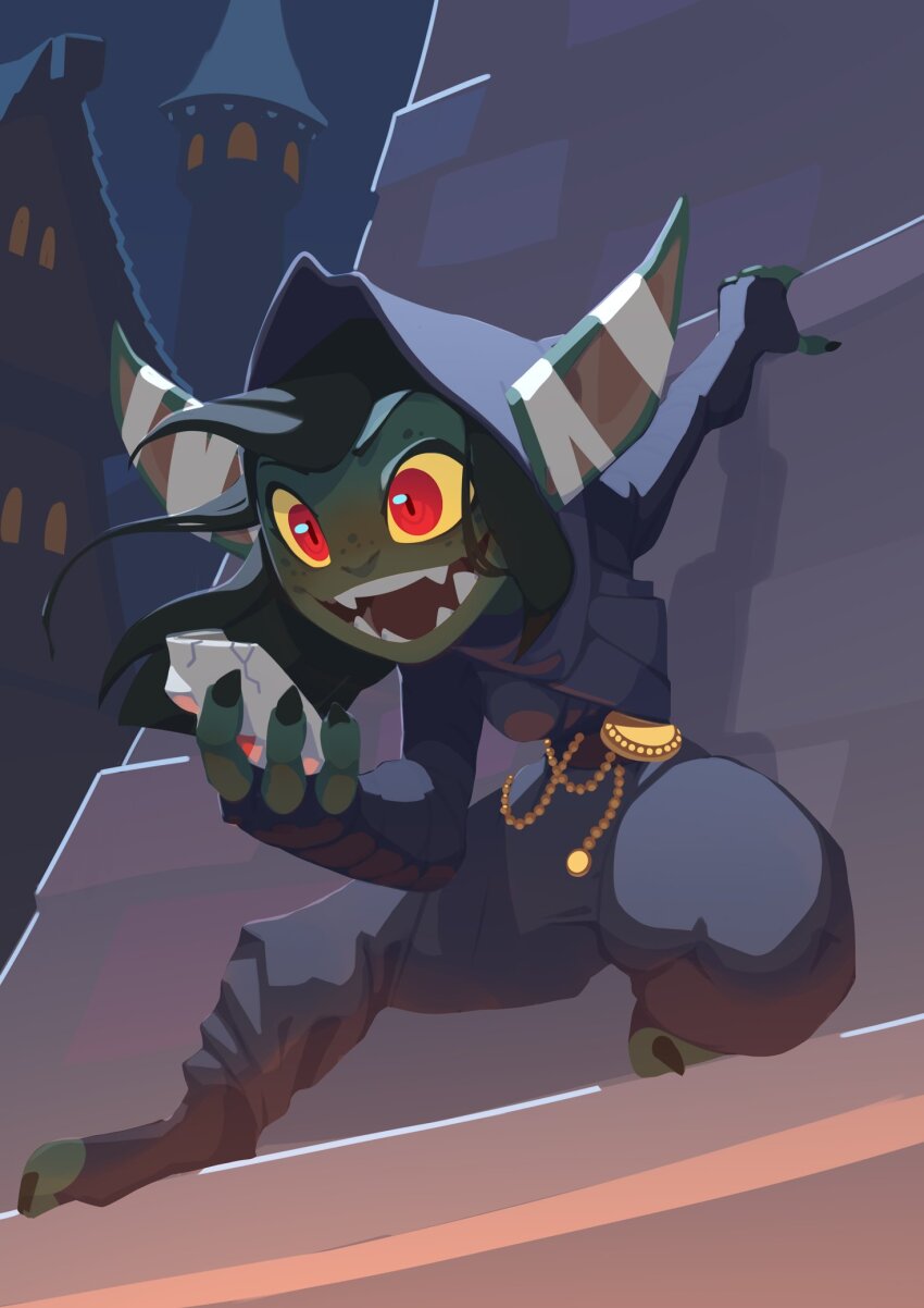 1girl bandaged_ear belt black_footwear building colored_sclera colored_skin commentary cracked_mask critical_role dungeons_&amp;_dragons english_commentary facing_viewer female_goblin fingerless_gloves full_body gloves goblin gold green_hair green_skin grey_hood grey_pants grey_shirt highres holding holding_mask huffslove large_ears mask medieval medium_hair night nott_(critical_role) open_mouth outdoors pants perching pointy_ears red_eyes sharp_teeth shirt solo stone_wall teeth toeless_footwear town yellow_sclera