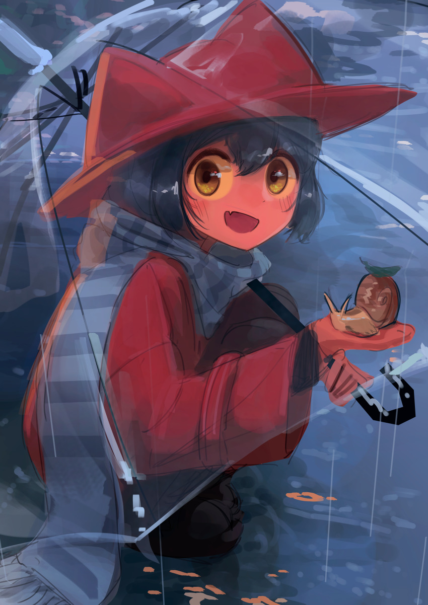 1other :d absurdres alternate_costume androgynous animal animal_hat black_boots blue_hair blue_scarf boots brown_coat brown_eyes brown_hat cat_hat child coat colored_sclera commentary contemporary dot_nose english_commentary fang from_side full_body gradient_eyes hat highres holding holding_animal holding_umbrella leaf long_sleeves looking_at_viewer making-of_available medium_hair multicolored_eyes niko_(oneshot) oneshot_(game) open_mouth open_umbrella rain scarf shadches72 skin_fang smile snail solo squatting transparent transparent_umbrella umbrella yellow_eyes yellow_sclera