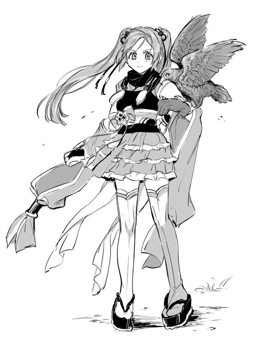 1girl animal_on_arm bird bird_on_arm closed_mouth commentary_request full_body gloves greyscale hair_between_eyes highres japanese_clothes kimono long_hair long_sleeves looking_at_viewer magia_record:_mahou_shoujo_madoka_magica_gaiden magical_girl mahou_shoujo_madoka_magica monochrome sandals sidelocks simple_background single_glove smile solo standing thighhighs tokime_shizuka twintails white_background yukishiro_(hitsuji)
