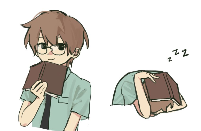 1boy animification bespectacled black_eyes black_necktie blue_shirt book brown_hair commentary glasses grian_(permit_office)_(hermitcraft) grian_(youtuber) hashtag-only_commentary hermitcraft highres holding holding_book looking_at_viewer male_focus minecraft_youtube mipaihere multiple_views necktie official_alternate_costume shirt short_hair short_sleeves simple_background sleeping upper_body white_background zzz