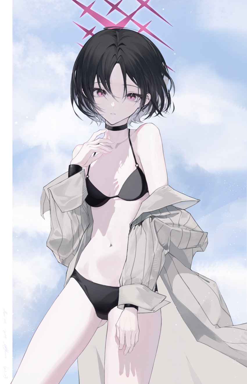 14yuruis 1girl absurdres barbell_piercing bikini bikini_under_clothes black_bikini black_choker blue_archive brown_hair choker ear_piercing halo highres industrial_piercing long_sleeves misaki_(blue_archive) misaki_(swimsuit)_(blue_archive) navel official_alternate_costume open_clothes open_shirt piercing pink_halo pinstripe_pattern pinstripe_shirt shirt short_hair solo star_halo striped_clothes striped_shirt swimsuit vertical-striped_clothes vertical-striped_shirt