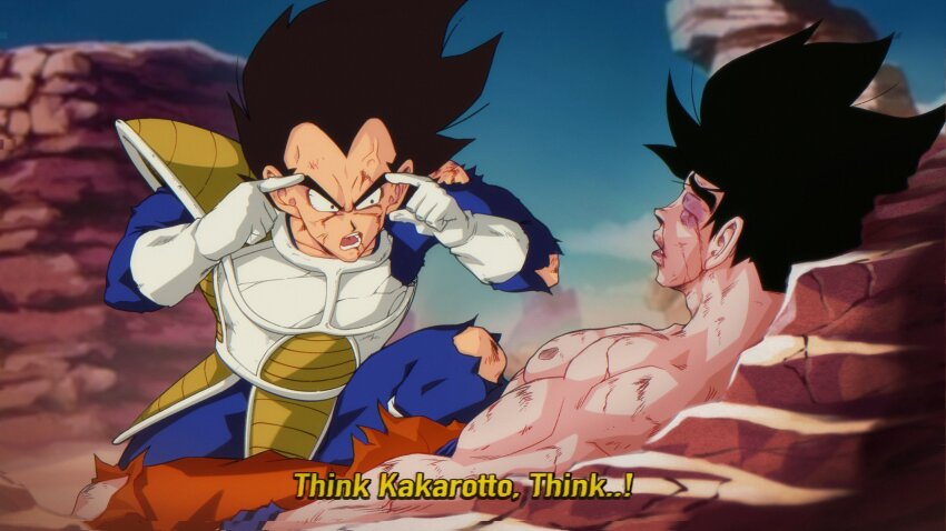 2boys absurdres armor black_hair blood blue_bodysuit bodysuit bruise bruise_on_face bruised_eye chest_armor day dragon_ball dragonball_z easterhands english_text finger_to_head gloves highres injury invincible_(series) large_pectorals looking_at_another male_focus meme multiple_boys muscular muscular_male nipples open_mouth outdoors pectorals pointing pointing_at_self saiyan_armor short_hair sky son_goku spiked_hair think_mark_think!_(meme) torn_bodysuit torn_clothes vegeta white_gloves