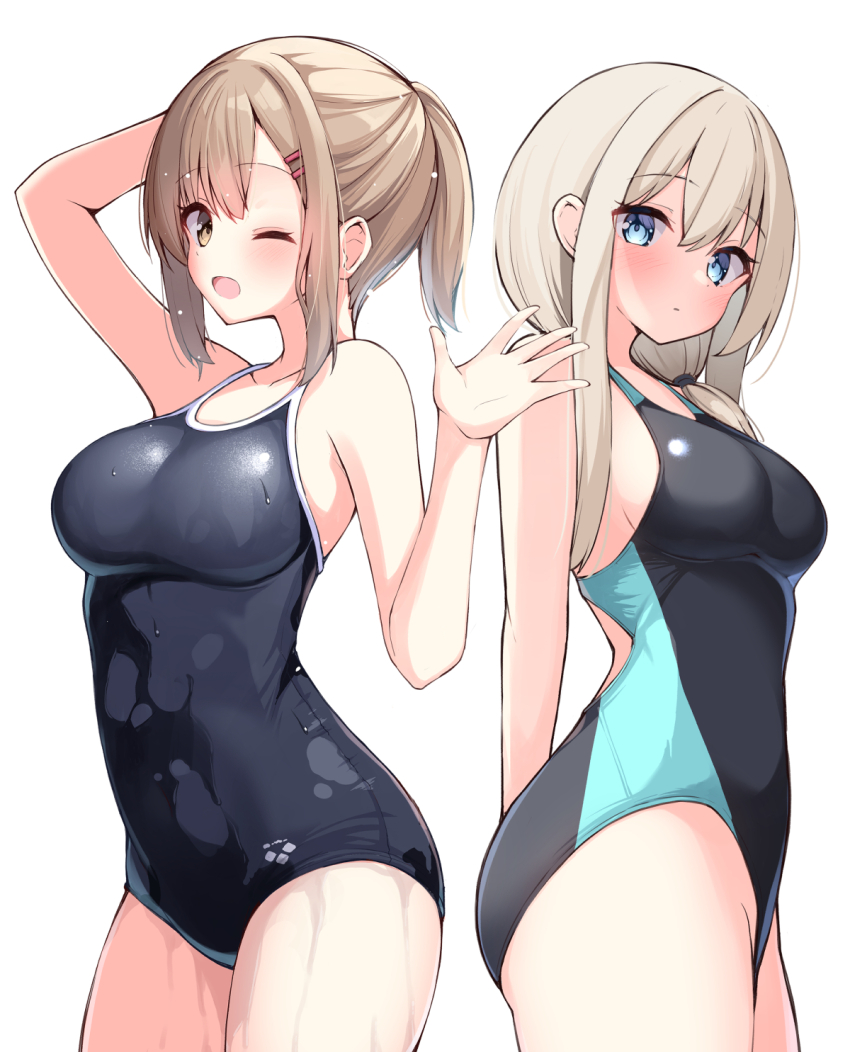 2girls ;d arm_behind_head arm_up bare_arms bare_shoulders black_one-piece_swimsuit blue_eyes blush breasts brown_eyes brown_hair childhood_friend_(ominaeshi) closed_mouth commentary_request competition_school_swimsuit competition_swimsuit groin hair_between_eyes hair_ornament hairclip highres long_hair medium_breasts multiple_girls ominaeshi_(takenoko) one-piece_swimsuit one_eye_closed open_mouth original school_swimsuit simple_background smile swimsuit wet wet_clothes wet_swimsuit white_background